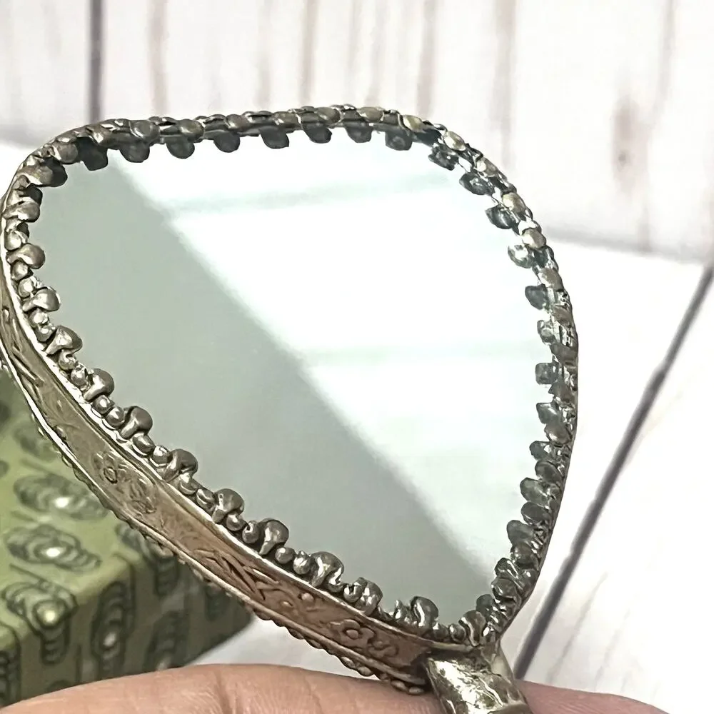 Vintage Asian Heart Shaped Hand Mirror Geisha Enamel Faux Jade Handle